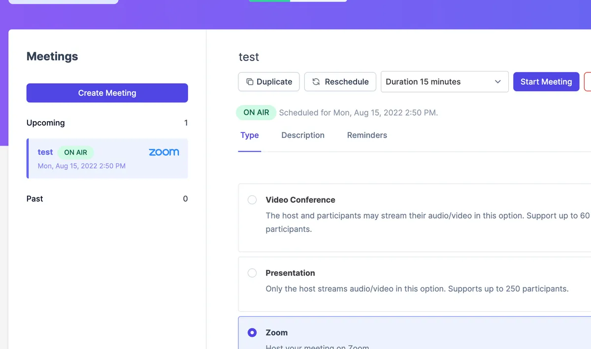Ruzuku Meetings panel showing a live Zoom session with meeting controls